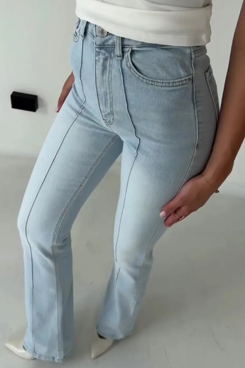 Women Slim Fit Front Stitch Detail Light Blue Bootcut Denim Pants