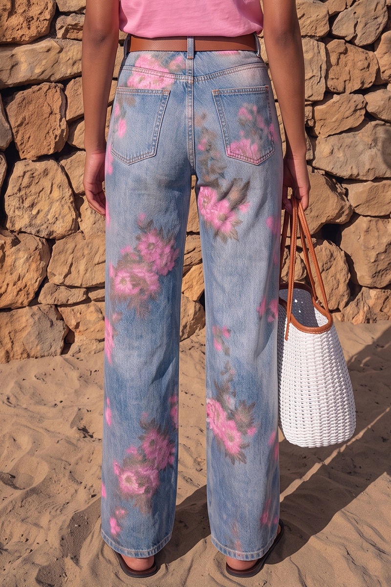 Women's High-Waisted Floral Print Wide Leg Jeans Casual Front Pocket Washed Denim Trousers