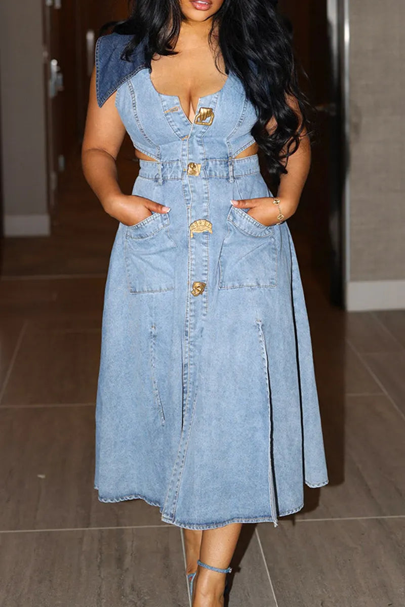 Women's Sexy Button Front Slit Denim Dress
