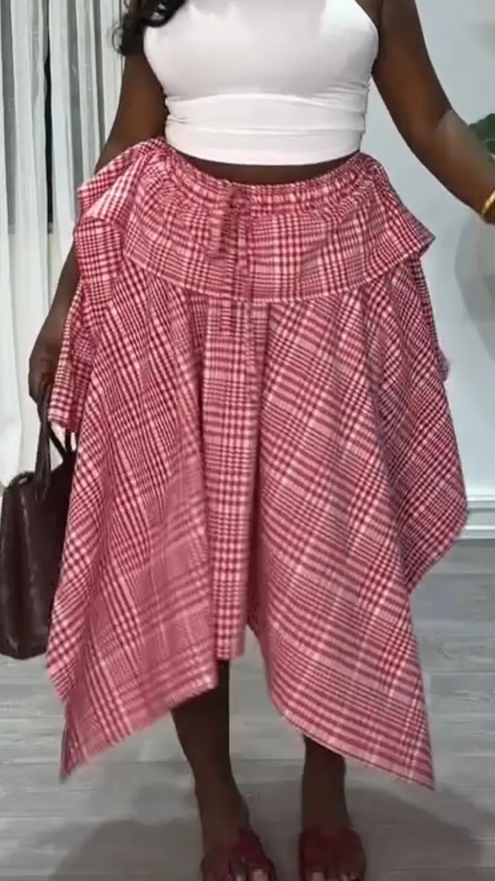 Women Drawstring Patchwork Plaid Irregular Casual Skirt