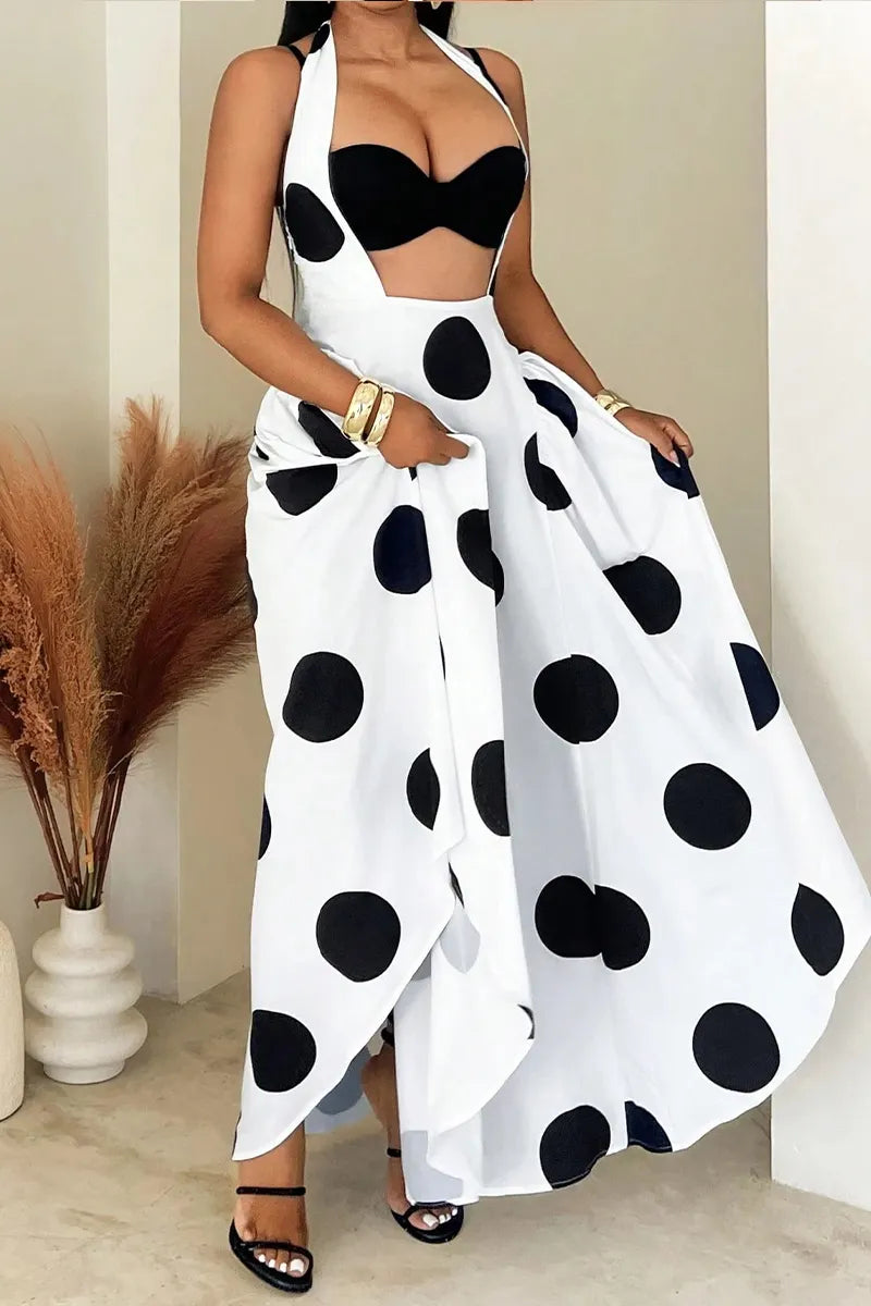 Women's Neck Hanging Patchwork Polka Dot Print Irregular Casual Dress
