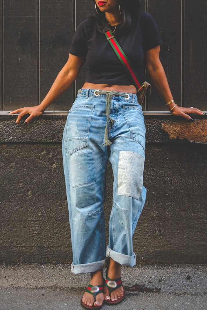 Women's Casual Patchwork Belted Wide Leg Jeans