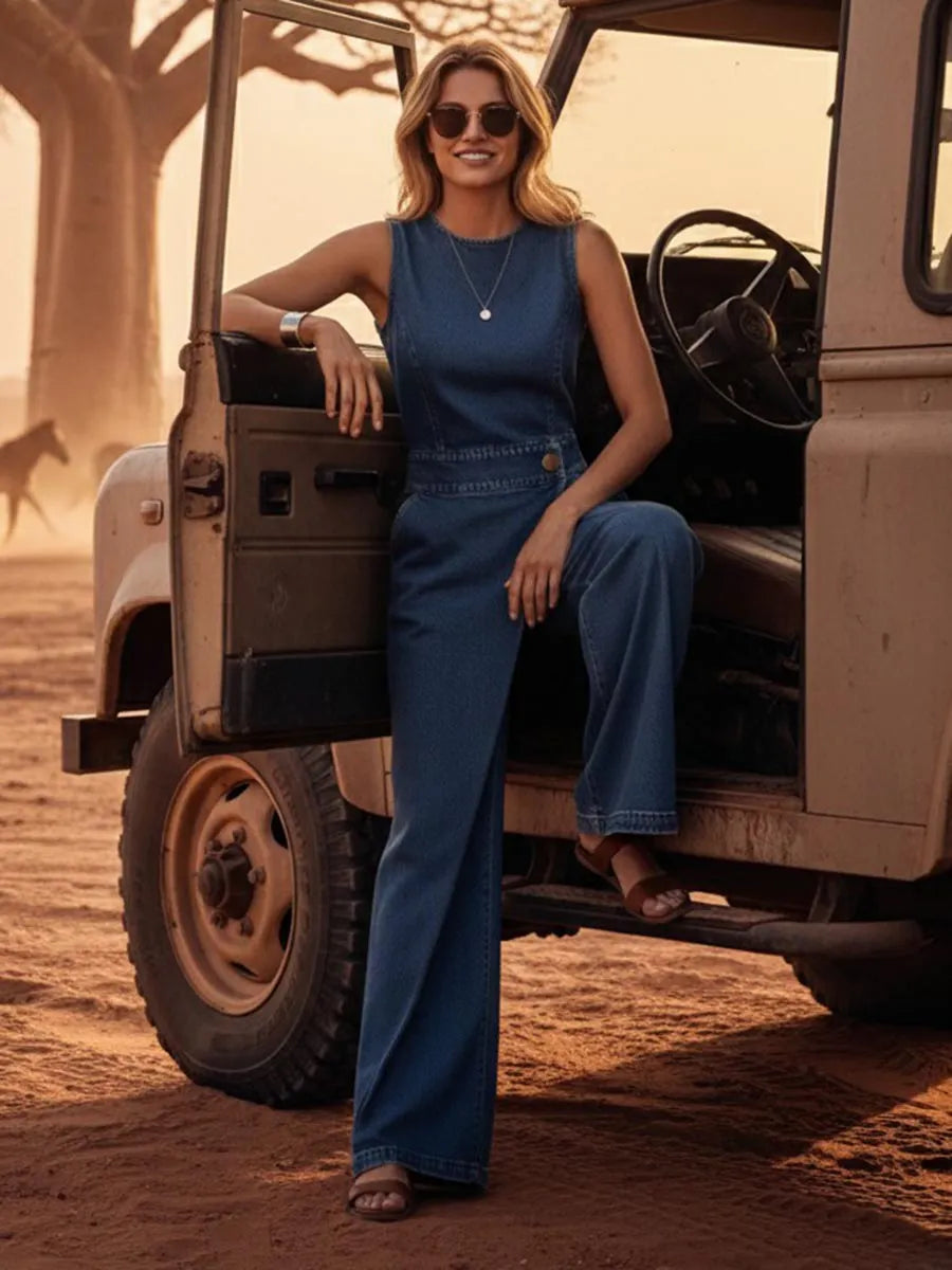 Buttoned Interlace Pockets Solid Color Split-Joint High Waisted Irregularity Round-Neck Jumpsuits
