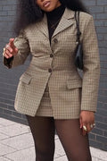 Women Collar Plaid Blazer + Half Skirt Temperament Commuting Formal Suit