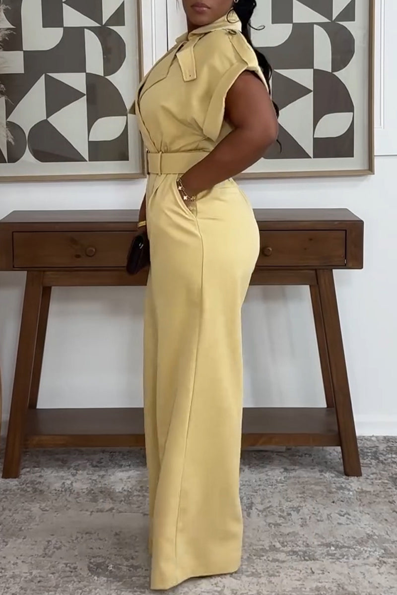 Women's Casual Commuter Lapel Double-Breasted Long Jumpsuit with Belt