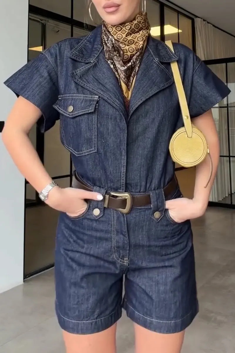 Women's Commuter Lapel Denim Short Jumpsuit