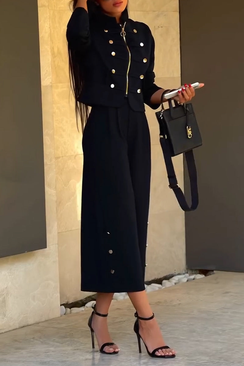 Women's Round Neck Double Breasted Zipper Jacket+ Pants Casual Set