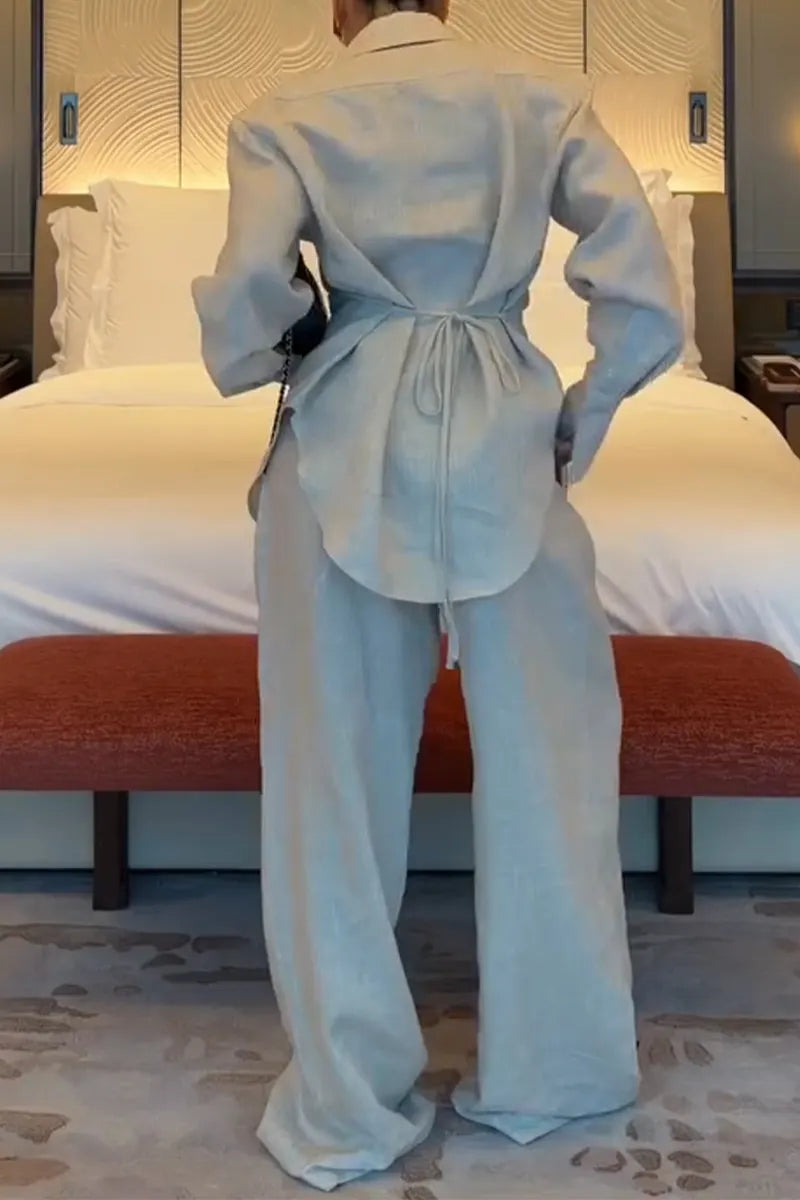 Women's Collar Back Strap Shirt+ Pants Casual Linen Set