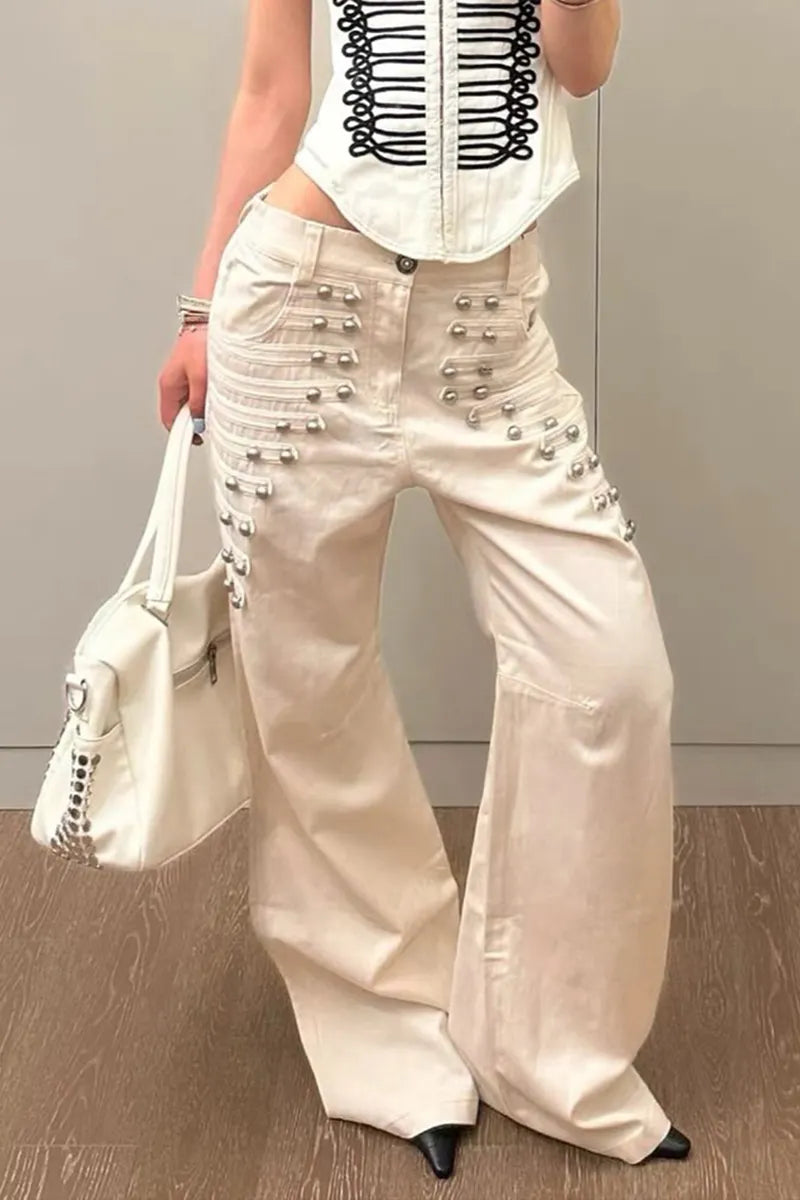 Women's Vintage Metal Button Design Wide Leg Jeans
