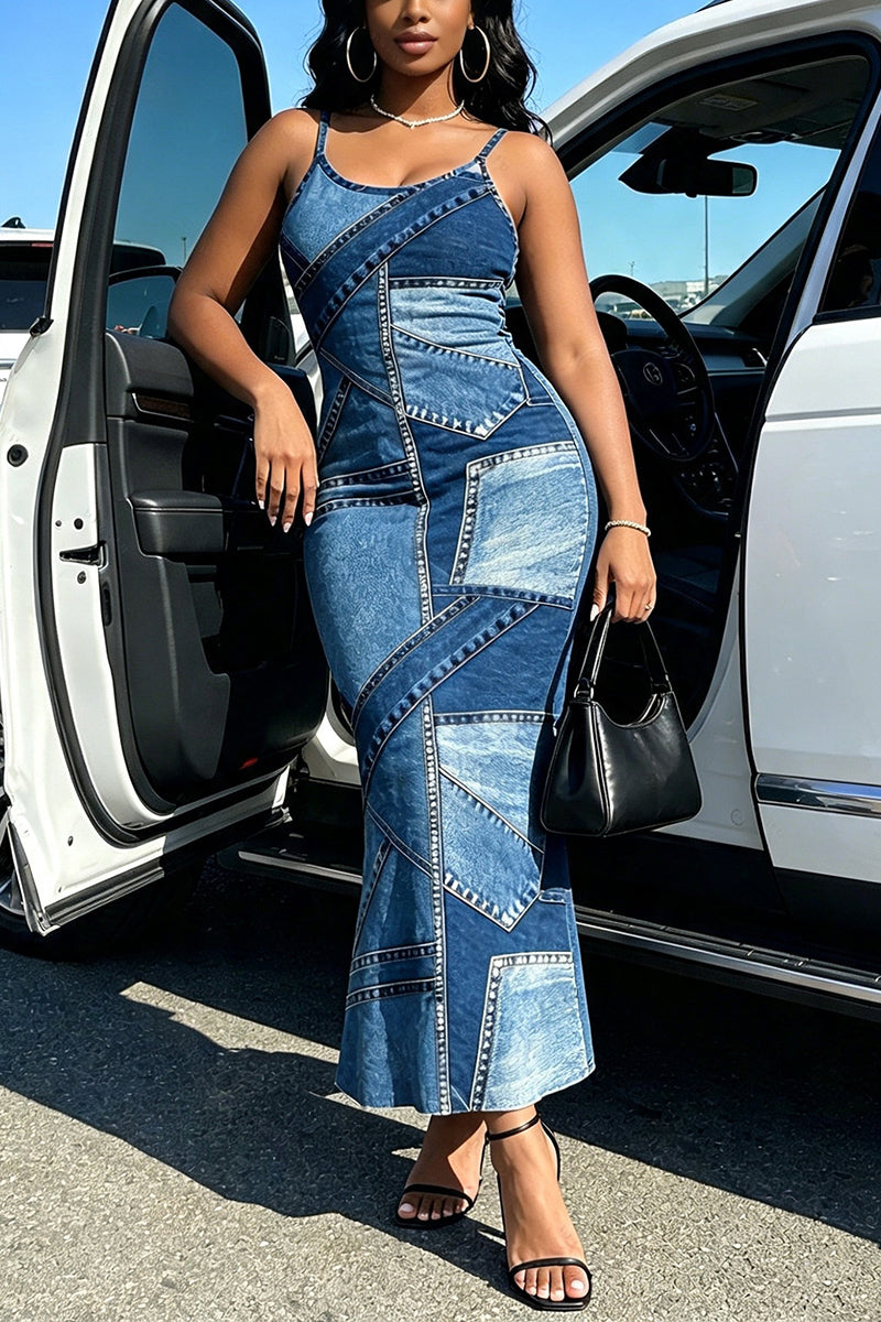 Women's Casual Faux Denim Print Spaghetti Strap Maxi Dress