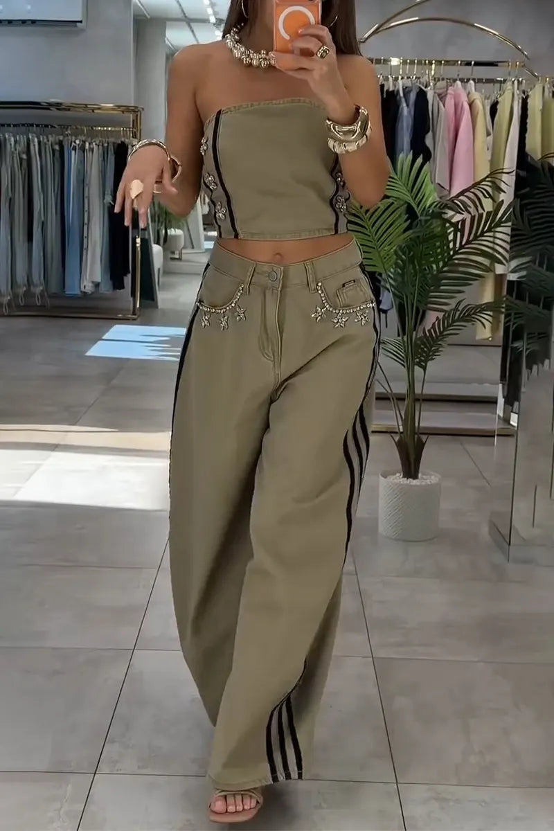 Women Denim Strapless Top with Rhinestones or Side Vertical Stripe Wide Leg Jeans