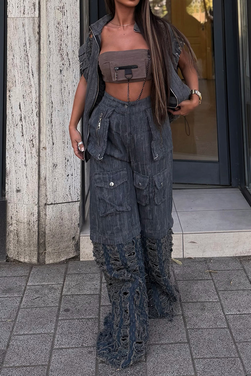 Women's Fashion Pocket Denim Ripped Patchwork Cargo Pants