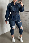 Women's 2 Piece Denim Outfits Long Sleeve Smocked Waist Ruffled Jean Shirt and Ripped Skinny Pants Set Casual Streetwear