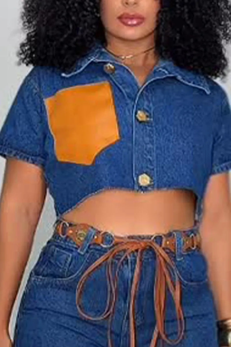 Women's Lapel Short Sleeve Contrast Orange Faux Leather Pocket Raw Edge Crop Denim Shirt Or High Waist Raw Cut Hem Denim Shorts With Vintage Metal Tassel Belt