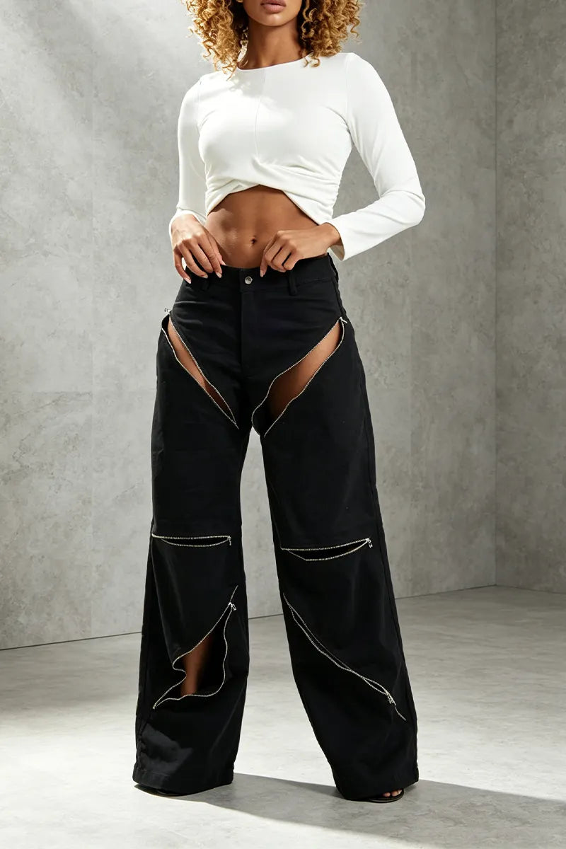 Women's Casual Multi Zipper Splicing Wide Leg Jeans