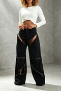 Women's Casual Multi Zipper Splicing Wide Leg Jeans