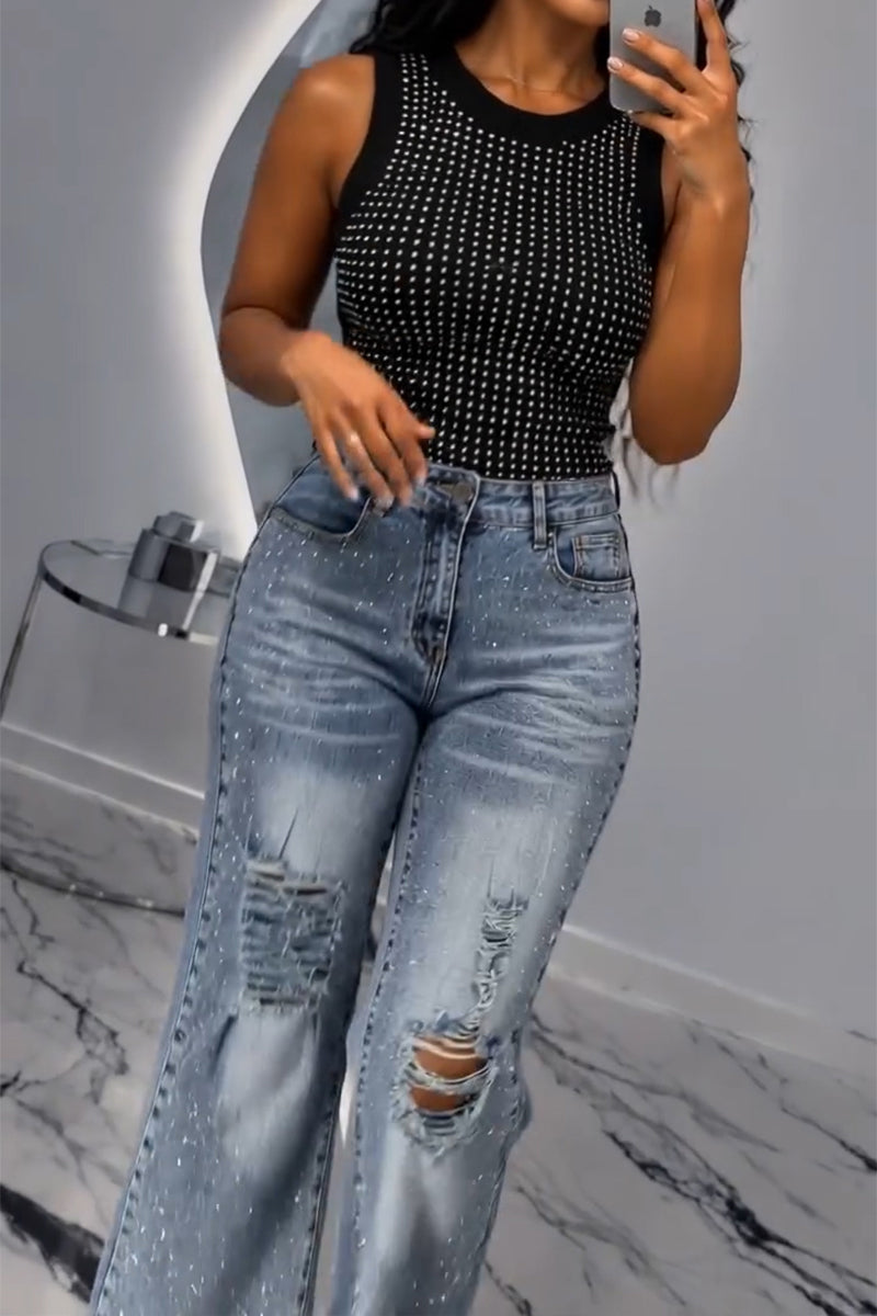 Women's Casual Rhinestone Vest or Washed Ripped Jeans