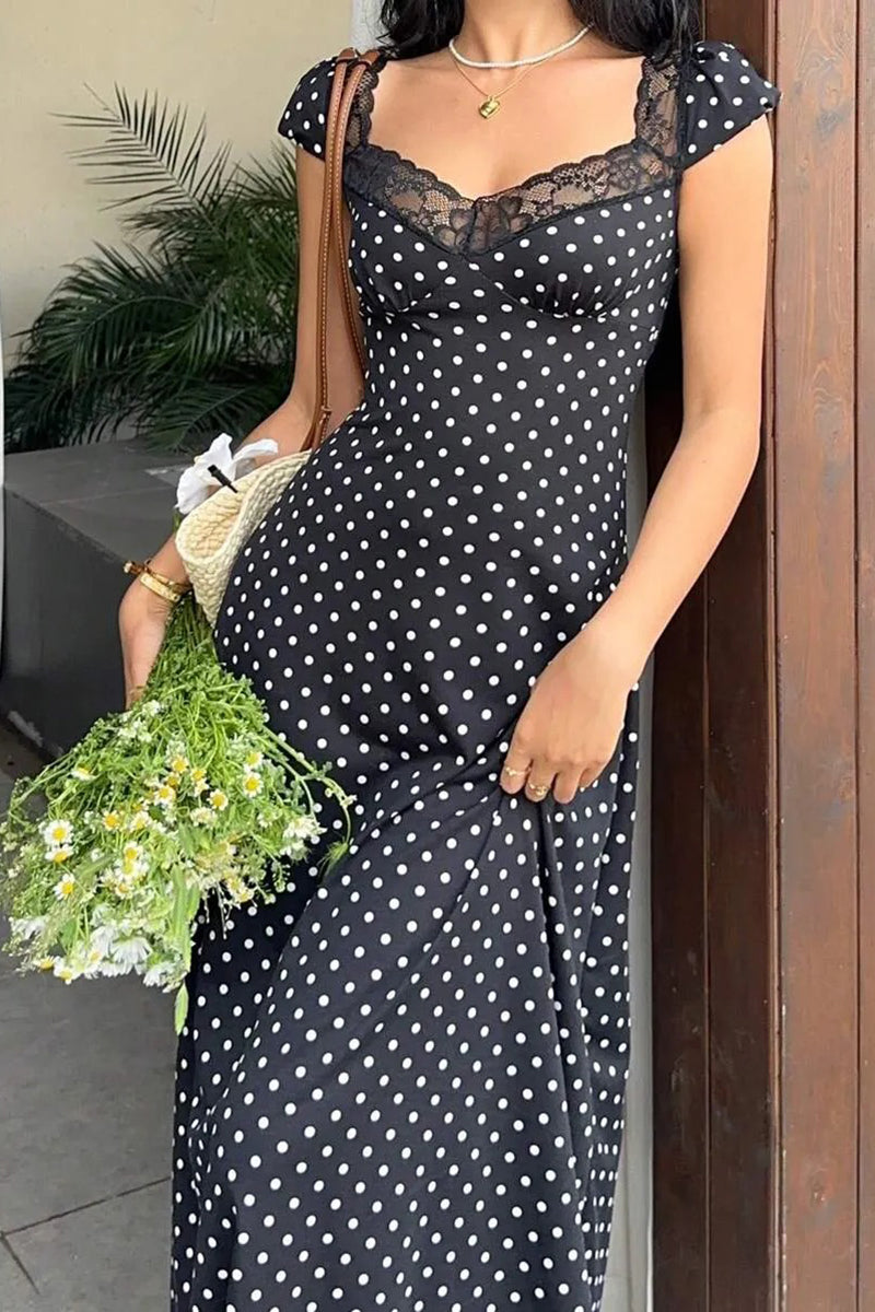 Women's Elegant Lace Patchwork Collar Polka Dot Dress