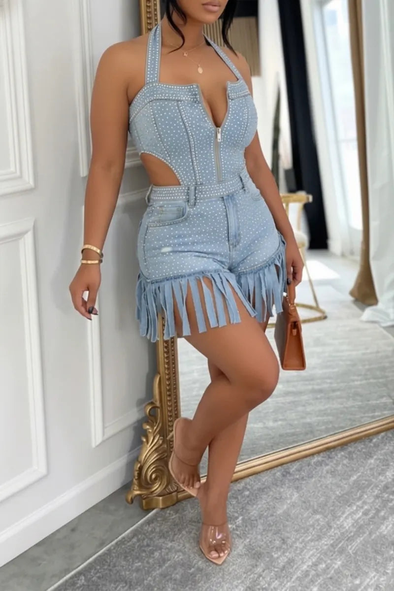 Hot Selling Women's Casual Zipper Rhinestones Denim Short Jumpsuit