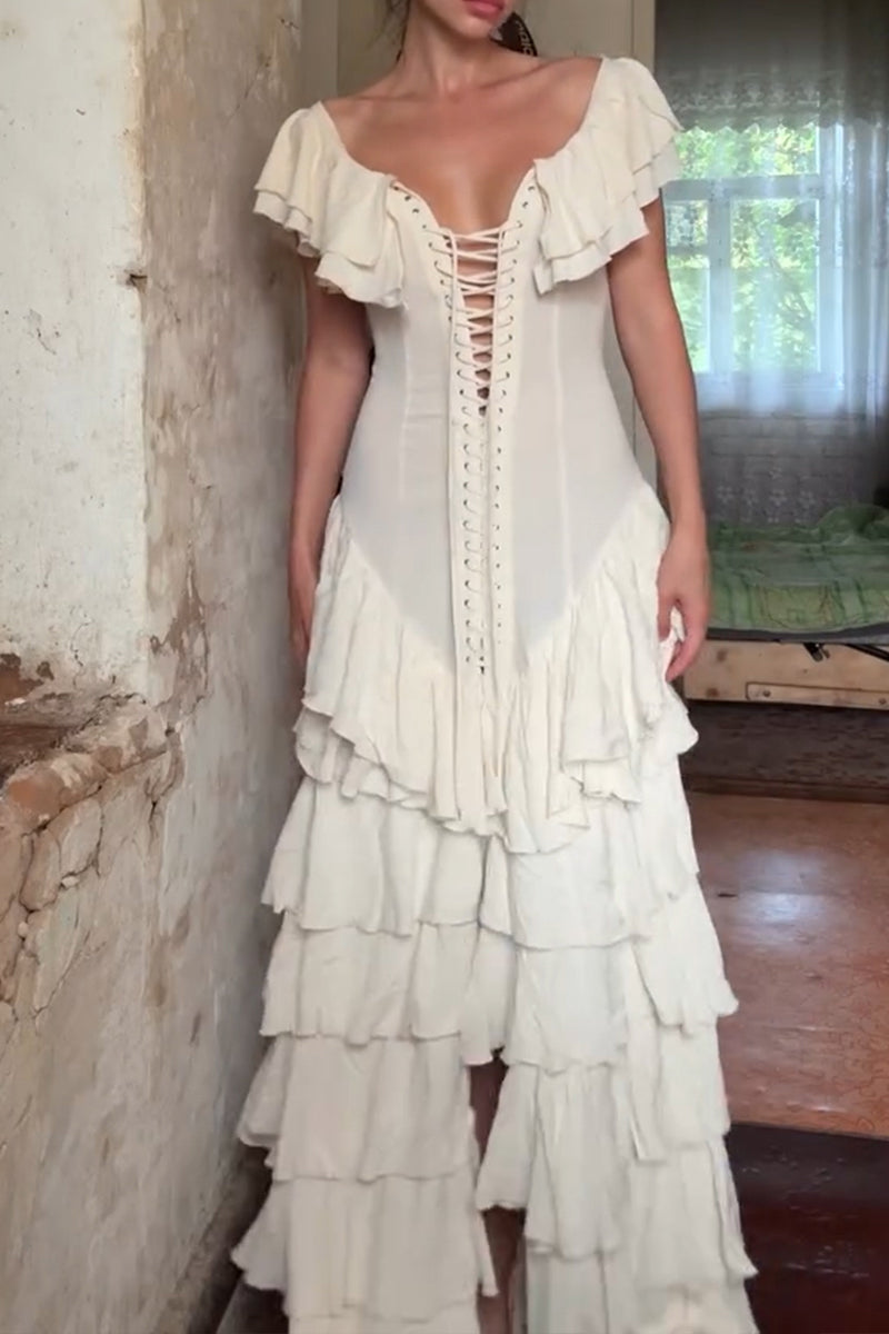 Women's Elegant Tiered Hem Lace-Up Maxi Dress