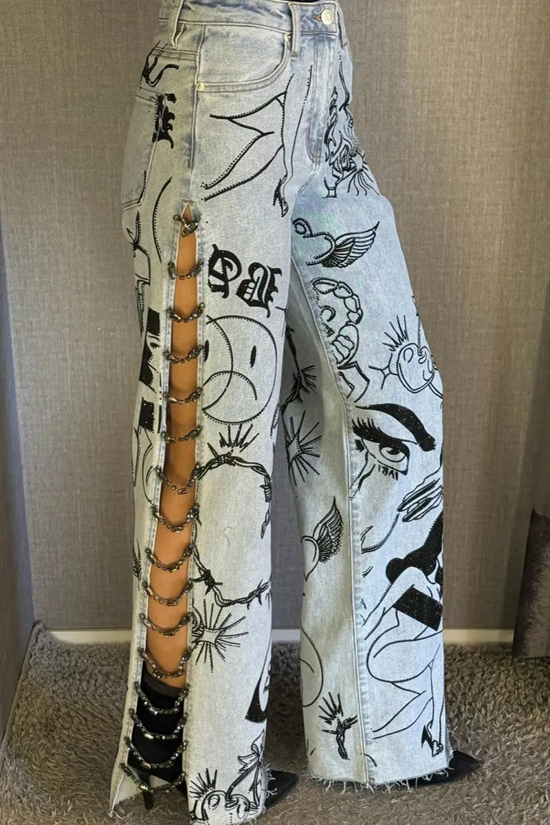 Women's Fashion Side Chain Decoration Pattern Print Wide Leg Jeans