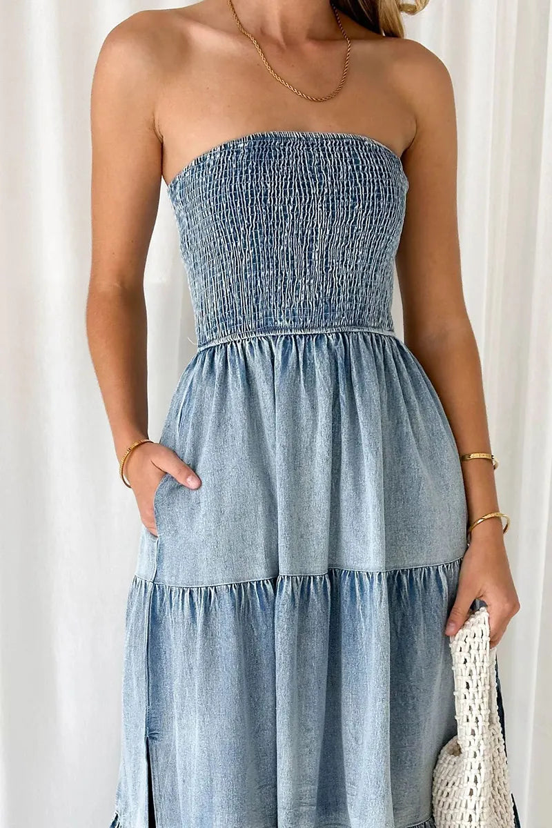 Women's Elegant Hemline Side Slit Bustier Denim Cake Dress