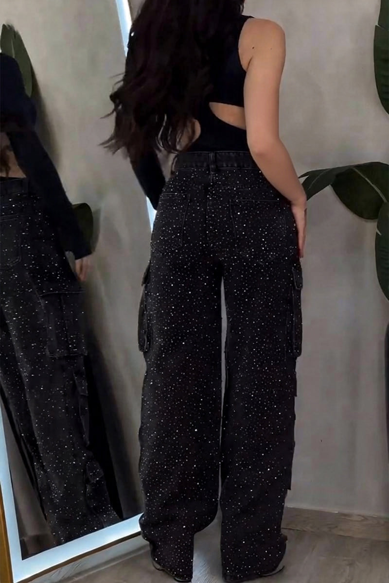 Women's Fashion Shiny Rhinestone Cargo Jeans