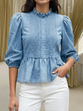 Women's Cotton Denim Top With Ruffled Collar And Pleats
