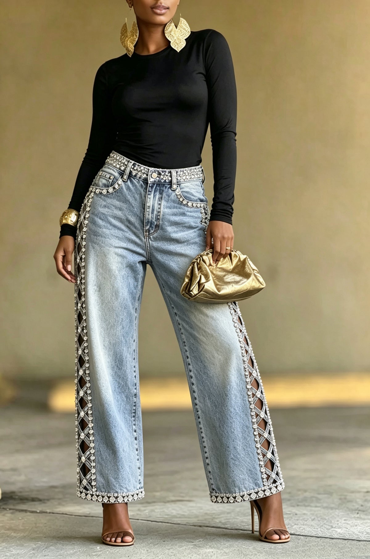 Women's Fashion Side Cut-Out Pattern Rhinestone Wide Leg Jeans