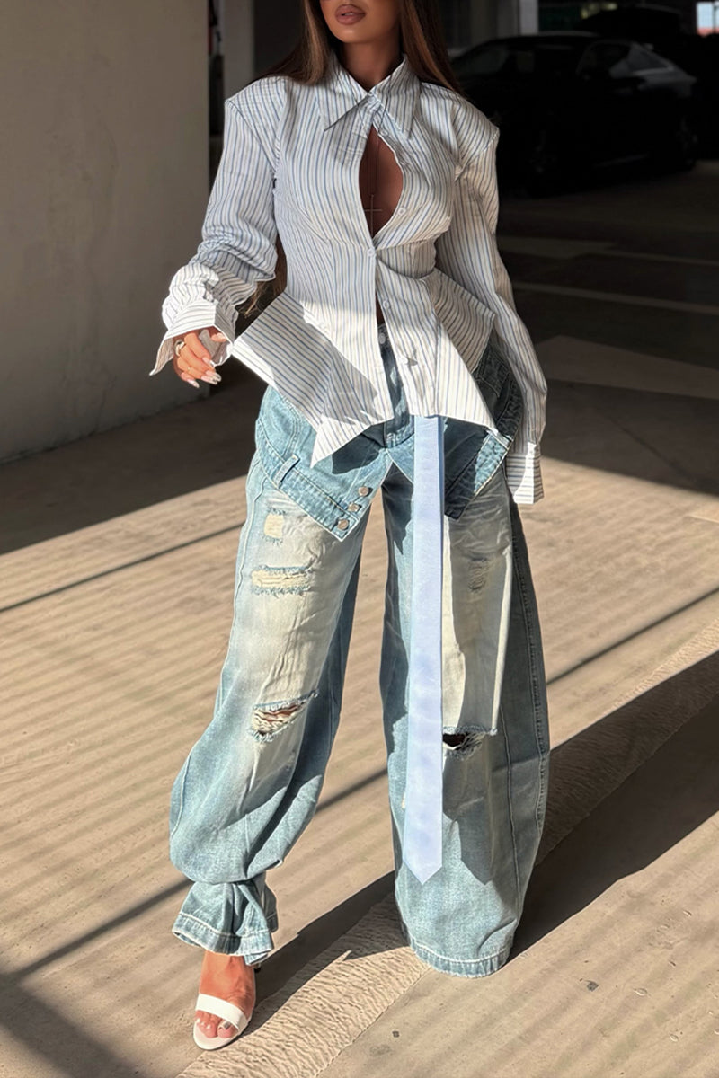 Women's Fashion Faux Two-Piece Ripped Wash Wide Leg Jeans