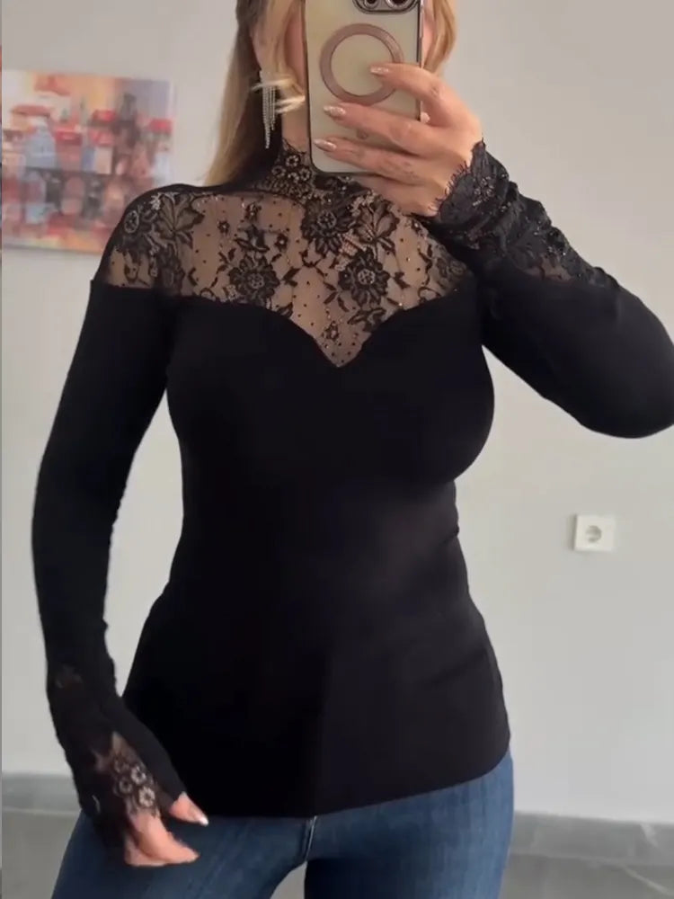 Women Round Neck Patchwork Lace Printed Rhinestone Casual Top