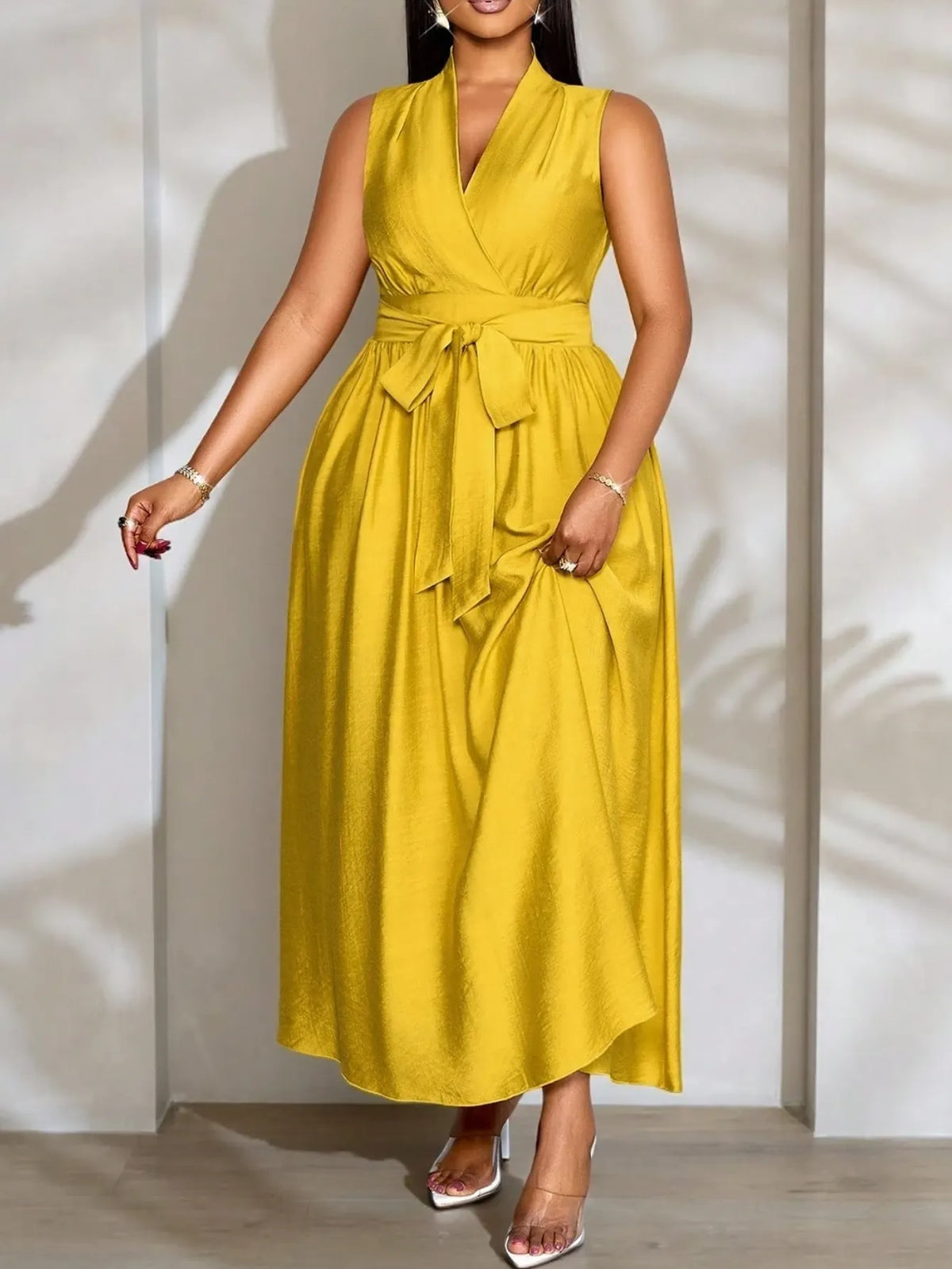 Women's Mustard Yellow Satin V-Neck Waist Tie Maxi Dress
