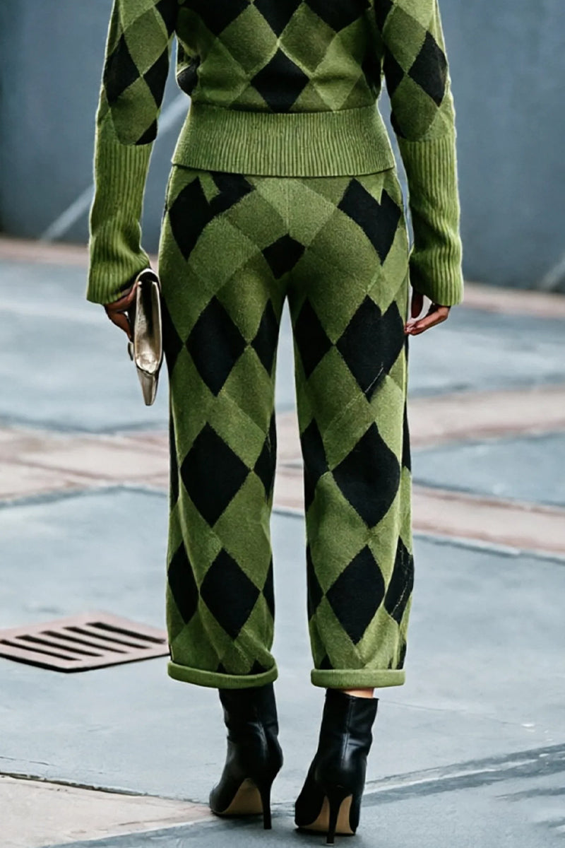 Women's Casual Collar Knitted Plaid Top or Pants