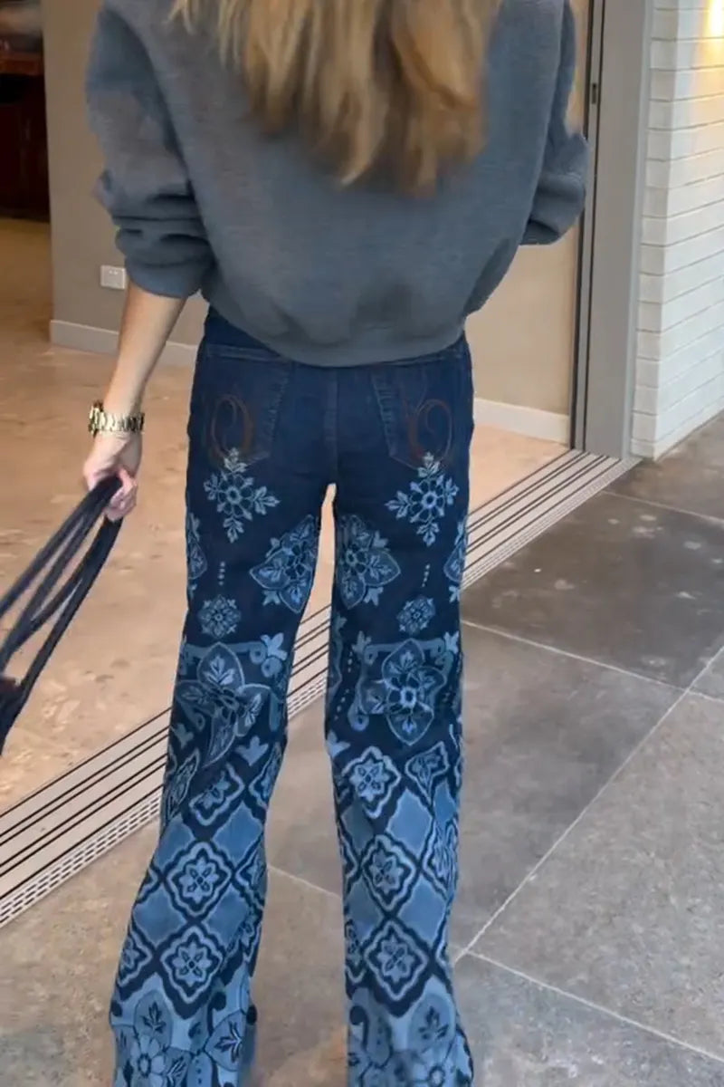 Women's Casual Versatile Wide Leg Pattern Print Jeans