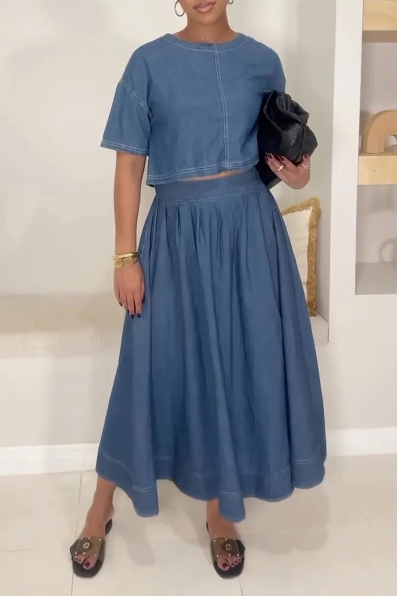 Women's Casual Crew Neck Short Sleeve Denim Top or A-Line Skirt