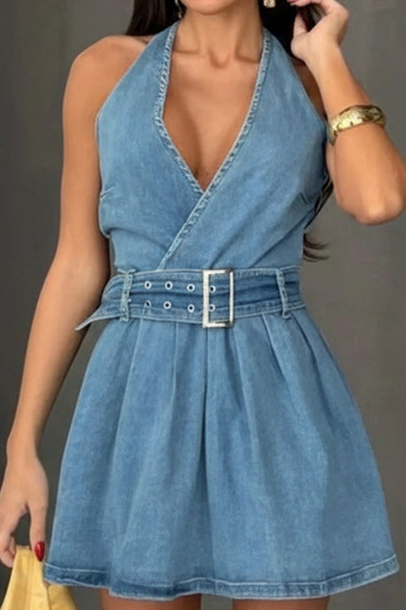 Women's Sexy Halter Neck Backless Denim Mini Dress