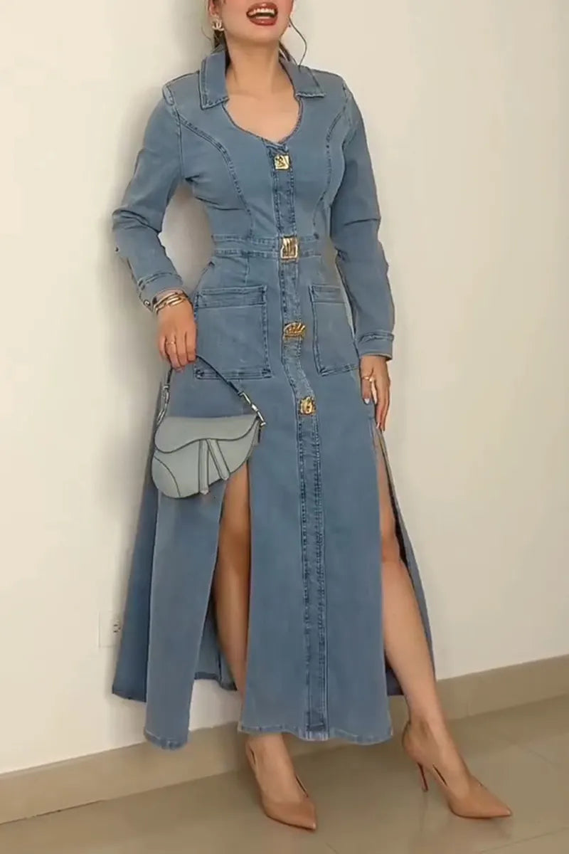 Women's Elegant Slit Hem Button Trim Denim Dress