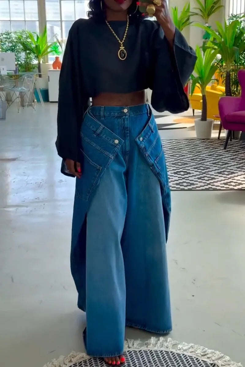 Women's Casual Silhouette Design Layered Wide Leg Jeans