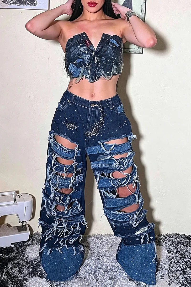 Women's Street Bustier or Ripped Panel Foil Print Jeans