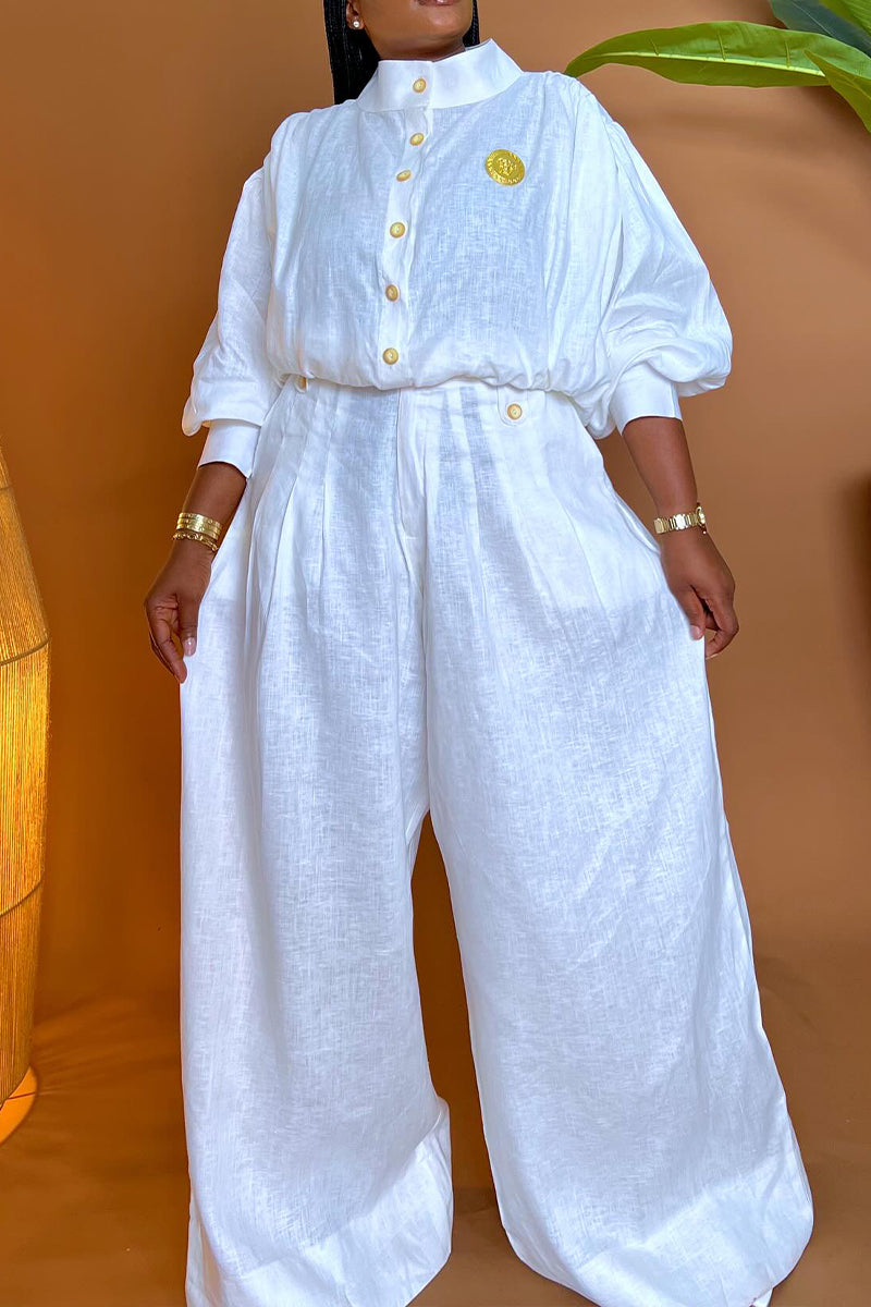 Women's Round Neck Breasted Top+ Wide Leg Pants Casual Suit