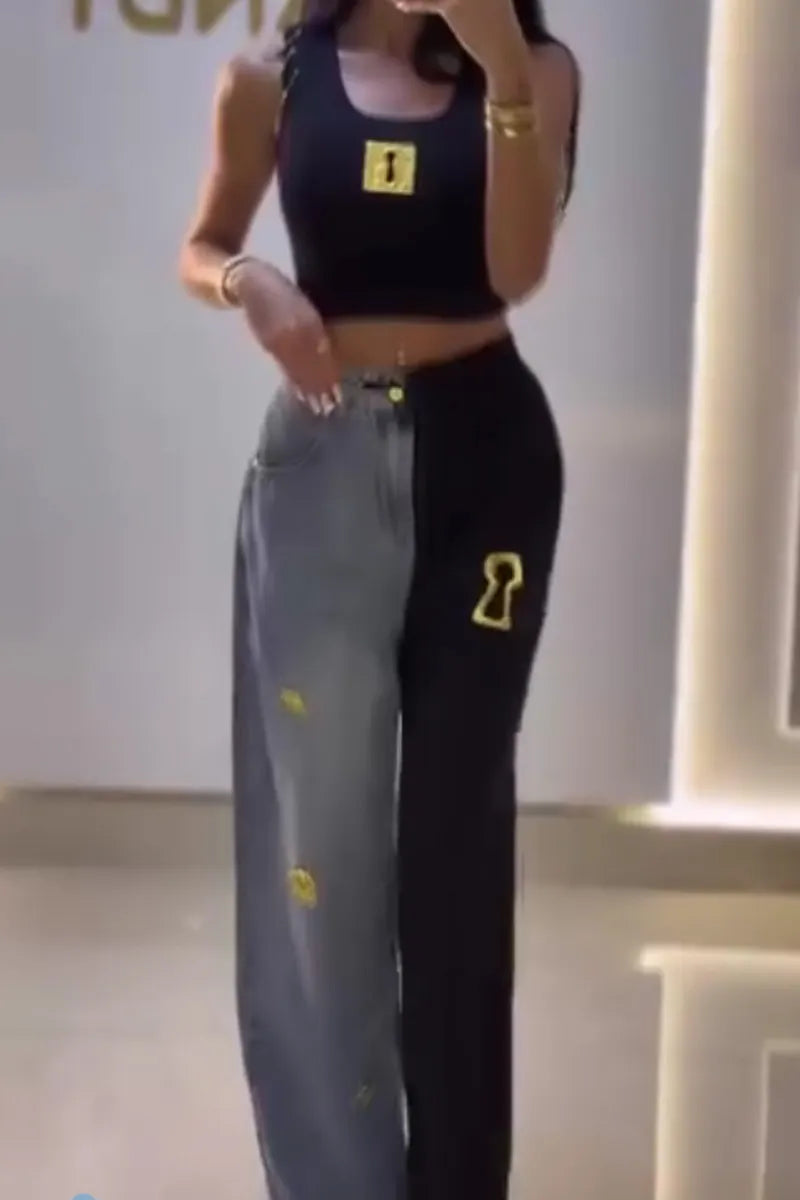 Women'sHalf Denim Half Black Contrast Sunflower Embroidery Wide Leg Pants Or Basic Sleeveless Figure Logo Crop Tank For Women