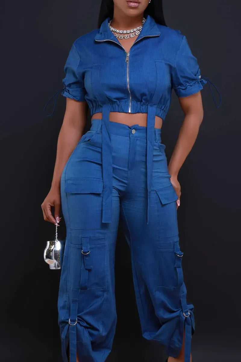 Women's Short Sleeve Stand Collar Zip Front Drawstring Ruched Crop Top Or High Waist Multi-Pocket Cargo Pants With Adjustable Tie Straps