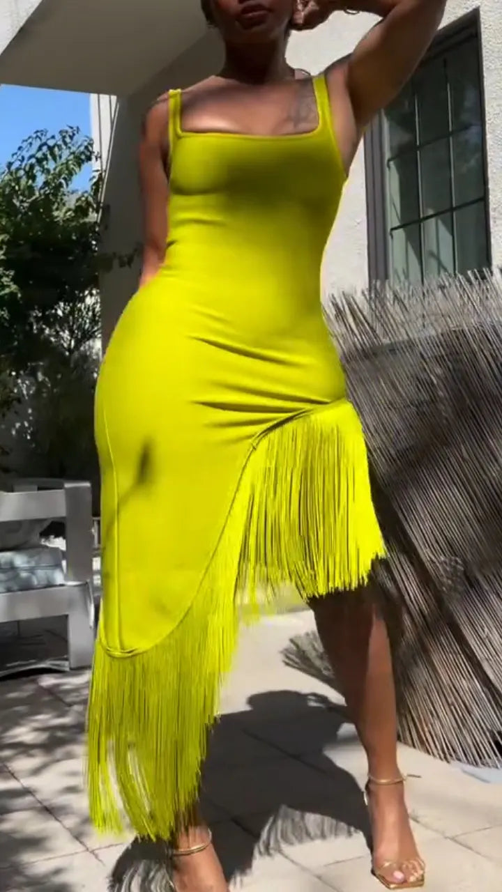 Women Square Neck Solid Color Patchwork Tassel Vacation Casual Style Dress
