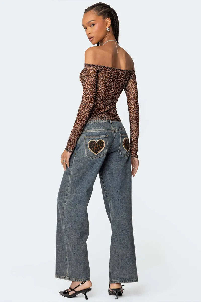 Women's Heart-themed leopard pattern Low-Rise Jeans