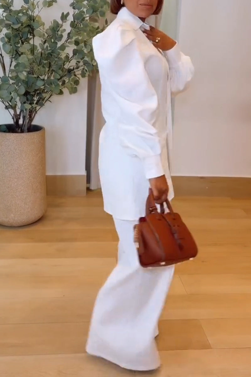 Women's Casual Leg of Mutton Sleeve Shirt Wide Leg Pants Two-Piece Set