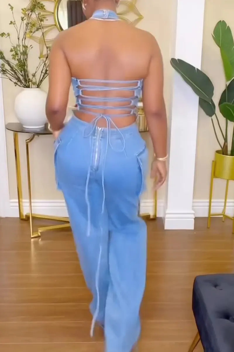 Women's Fashion Fringe Halter Cargo Denim Jumpsuit