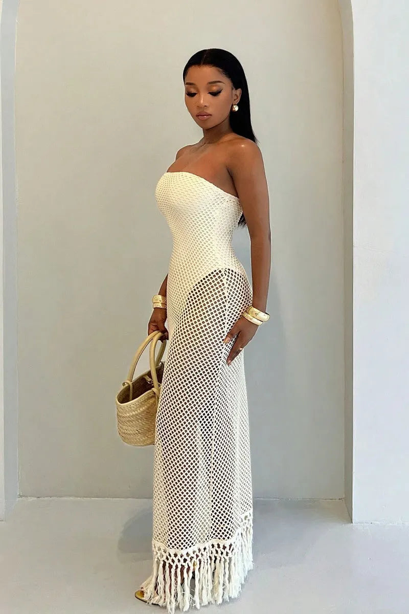Women's Bandeau Sexy Sheer Lace Mesh Tassel Design Dress