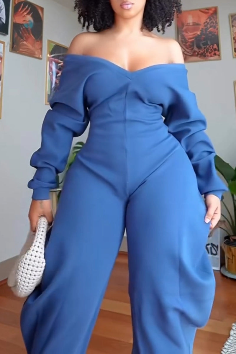 Women's Casual V-Neck Long Sleeve Curved Pant Jumpsuit
