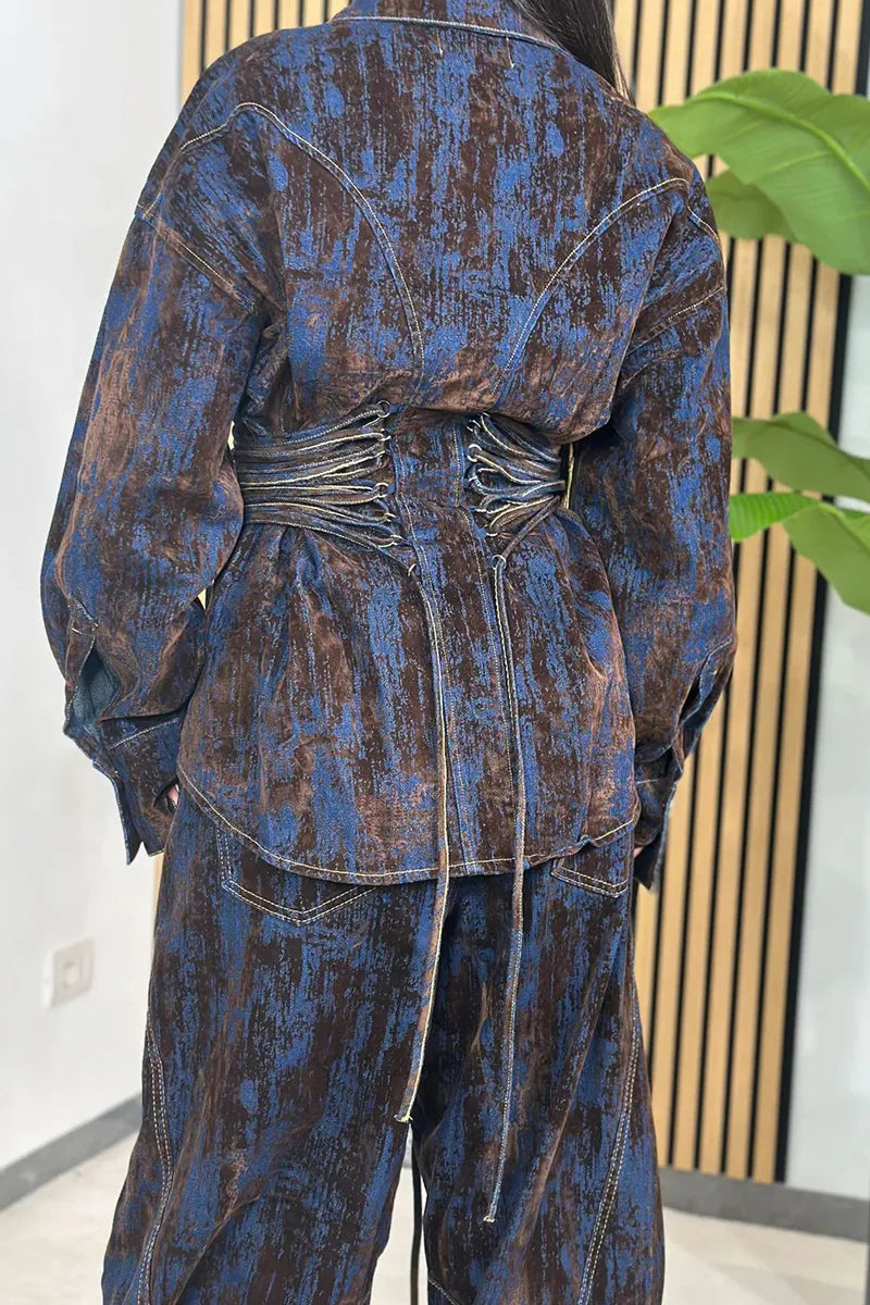 Women's Printed Contrast Lace-Up Denim Jacket And Jeans Sets
