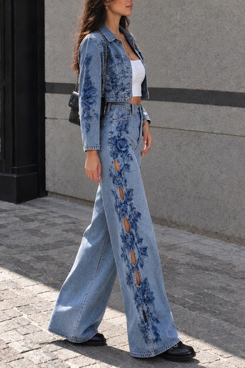 Women's Cropped Lapel Denim Floral  Blue Jacket or Jeans